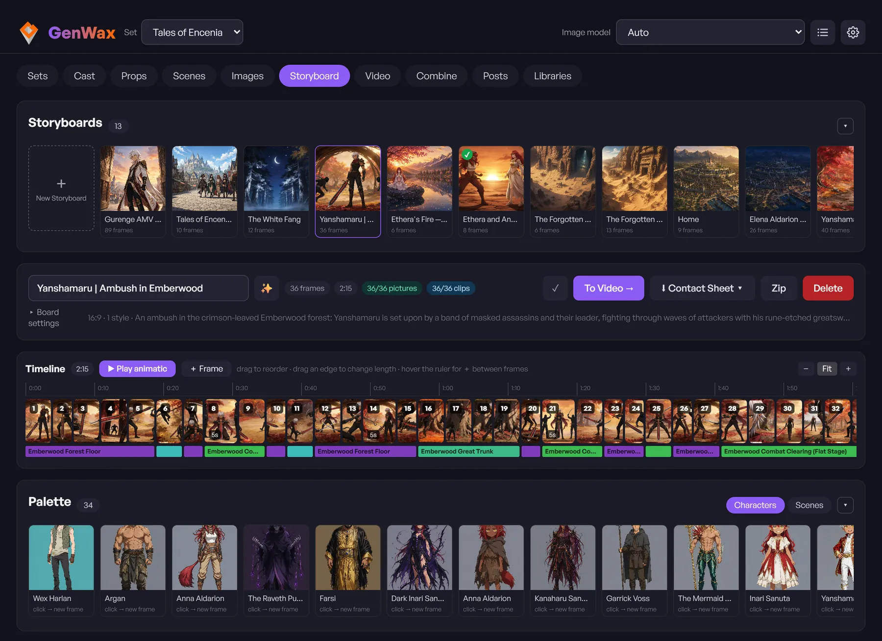 GenWax storyboard: the whole story as a timeline of frames with motion, dialogue, sound, and timing